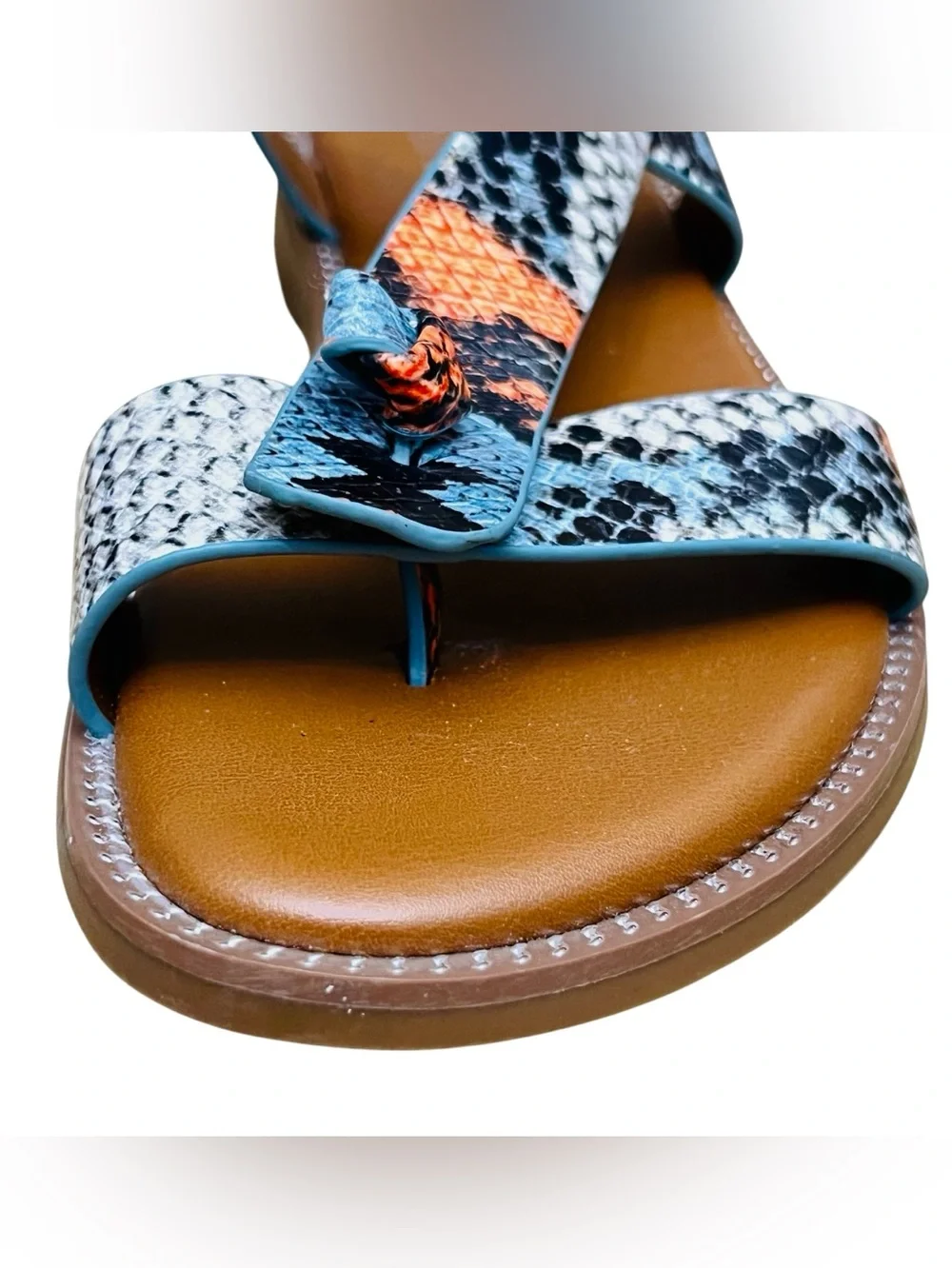 Franco Sarto Glenni Sandals Womens 6.5 M Snake Print Ankle Strap Toe-Post Flat